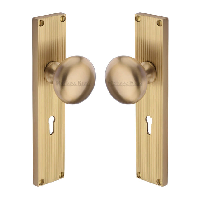 Heritage Brass Door Furniture Satin Brass / Mortice Knobs Heritage Brass Mortice Knob on Reeded Lock Plate Victoria Design Satin Brass finish