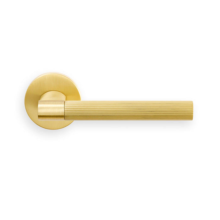 High quality image of Manital - HEY RIGA LEVER HANDLE ON THREADED ROUND ROSE OSA (SATIN BRASS) | Sku. hr5sb | Trade Door Handles.