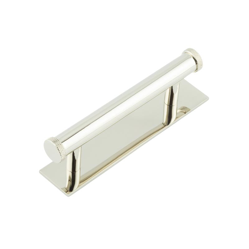 High quality image of Hoxton - Wenlock Cabinet Handles 96mm Ctrs Plain Backplate Polished Nickel Sku. HOX-150PN-5050PN