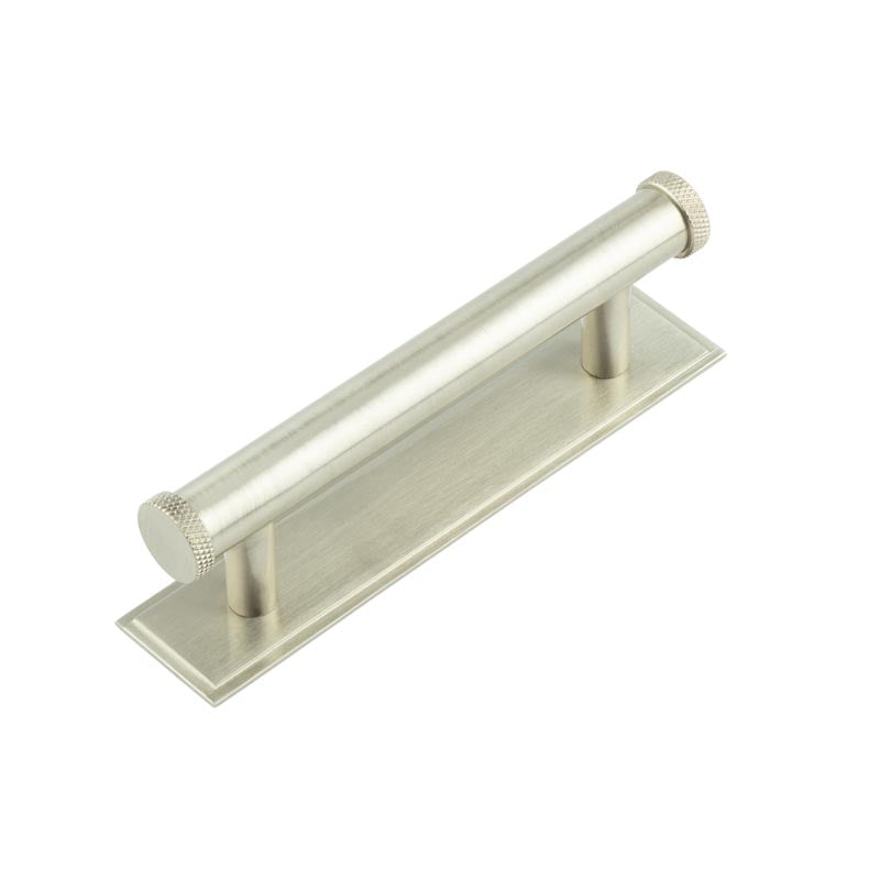 High quality image of Hoxton - Wenlock Cabinet Handles 96mm Ctrs Stepped Backplate Satin Nickel Sku. HOX-150SN-6050SN