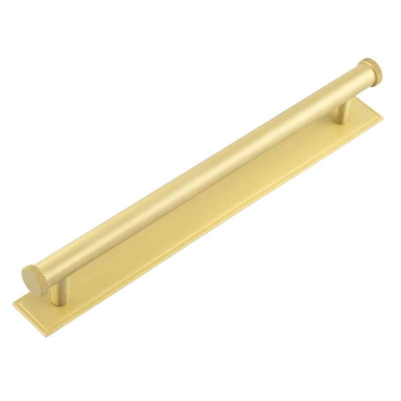 High quality image of Hoxton - Wenlock Cabinet Handles 224mm Ctrs Stepped Backplate Satin Brass Sku. HOX-160SB-6060SB