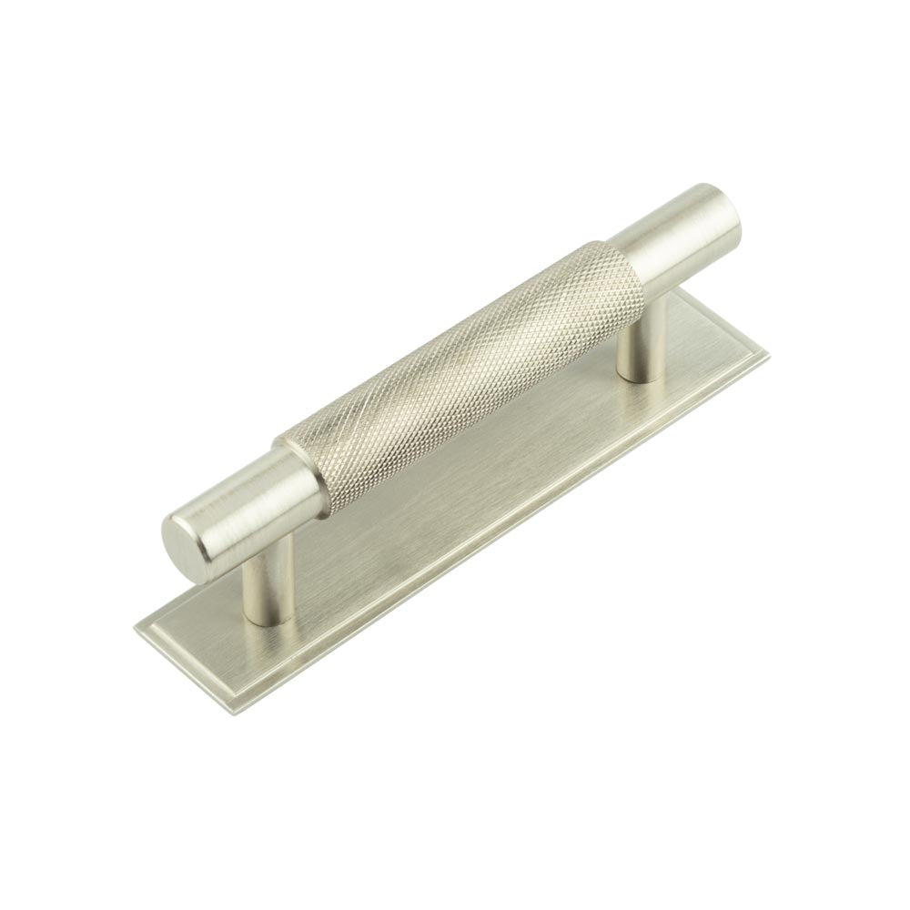 High quality image of Hoxton - Taplow Cabinet Handles 96mm Ctrs Stepped Backplate Satin Nickel Sku. HOX-2050SN-6050SN