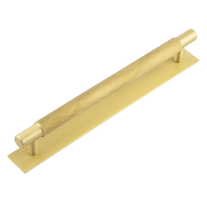 High quality image of Hoxton - Taplow Cabinet Handles 224mm Ctrs Plain Backplate Satin Brass Sku. HOX-2060SB-5060SB