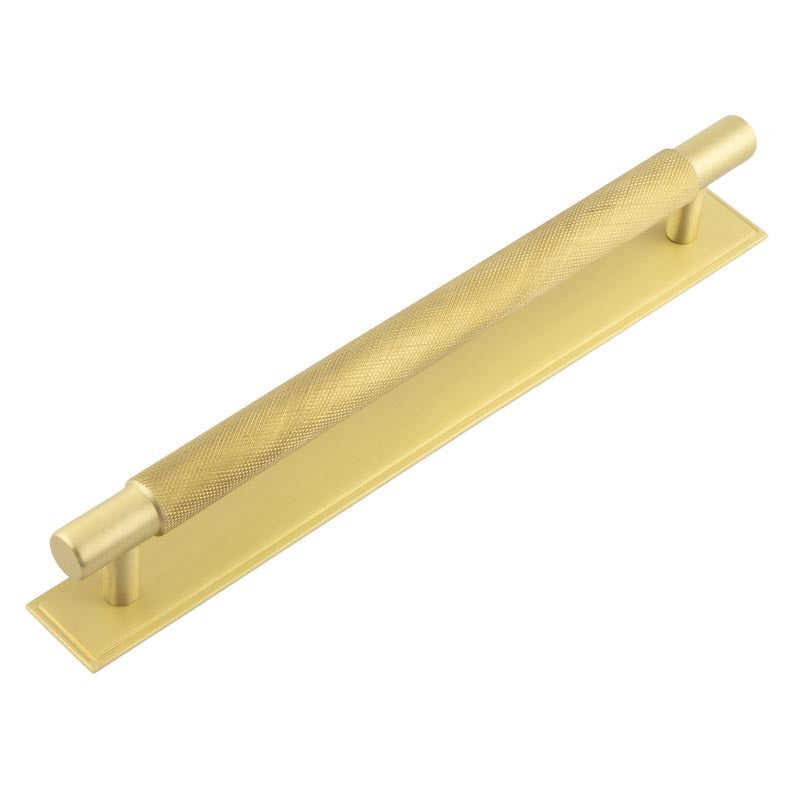High quality image of Hoxton - Taplow Cabinet Handles 224mm Ctrs Stepped Backplate Satin Brass Sku. HOX-2060SB-6060SB