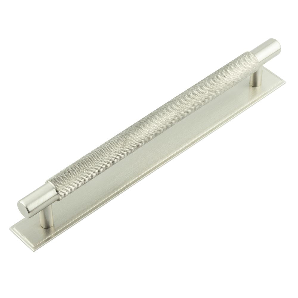 High quality image of Hoxton - Taplow Cabinet Handles 224mm Ctrs Stepped Backplate Satin Nickel Sku. HOX-2060SN-6060SN