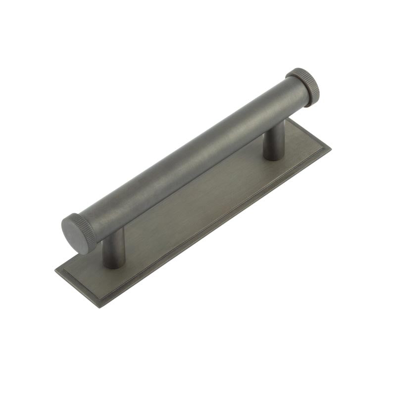 High quality image of Hoxton - Thaxted Cabinet Handles 96mm Ctrs Stepped Backplate Dark Bronze Sku. HOX-250DB-6050DB