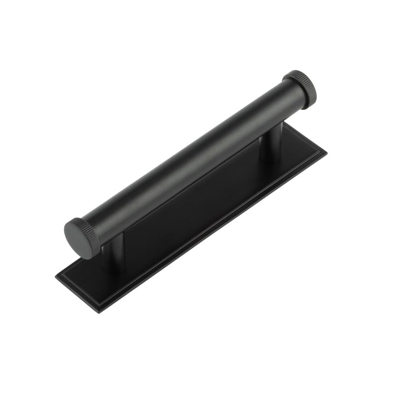 High quality image of Hoxton - Thaxted Cabinet Handles 96mm Ctrs Stepped Backplate Matt Black Sku. HOX-250MB-6050MB