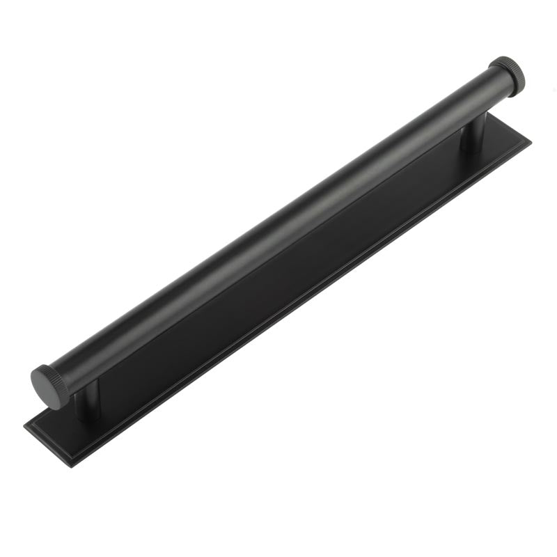 High quality image of Hoxton - Thaxted Cabinet Handles 224mm Ctrs Stepped Backplate Matt Black Sku. HOX-260MB-6060MB
