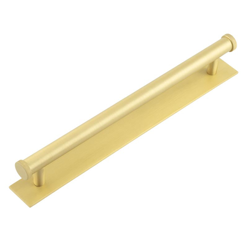 High quality image of Hoxton - Thaxted Cabinet Handles 224mm Ctrs Plain Backplate Satin Brass Sku. HOX-260SB-5060SB