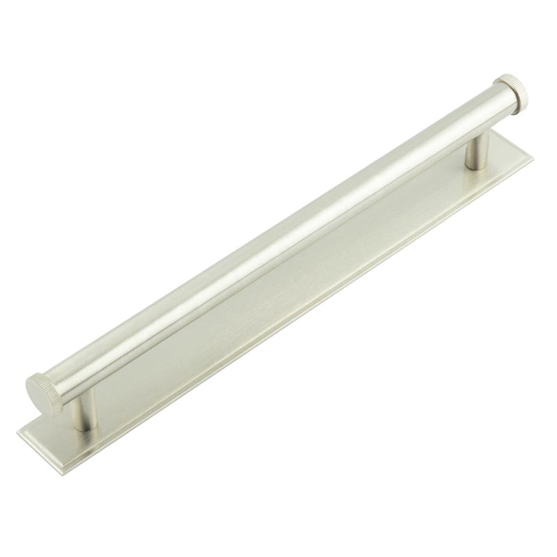 High quality image of Hoxton - Thaxted Cabinet Handles 224mm Ctrs Stepped Backplate Satin Nickel Sku. HOX-260SN-6060SN