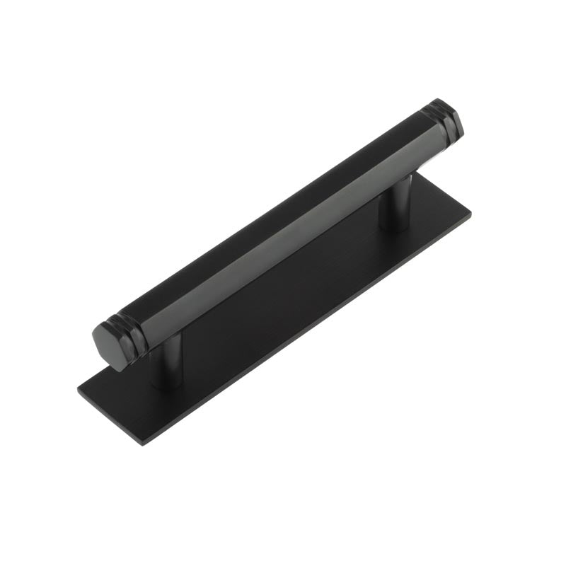High quality image of Hoxton - Nile Cabinet Handles 96mm Ctrs Plain Backplate Black Sku. HOX-350MB-5050MB