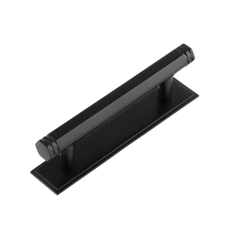 High quality image of Hoxton - Nile Cabinet Handles 96mm Ctrs Stepped Backplate Black Sku. HOX-350MB-6050MB