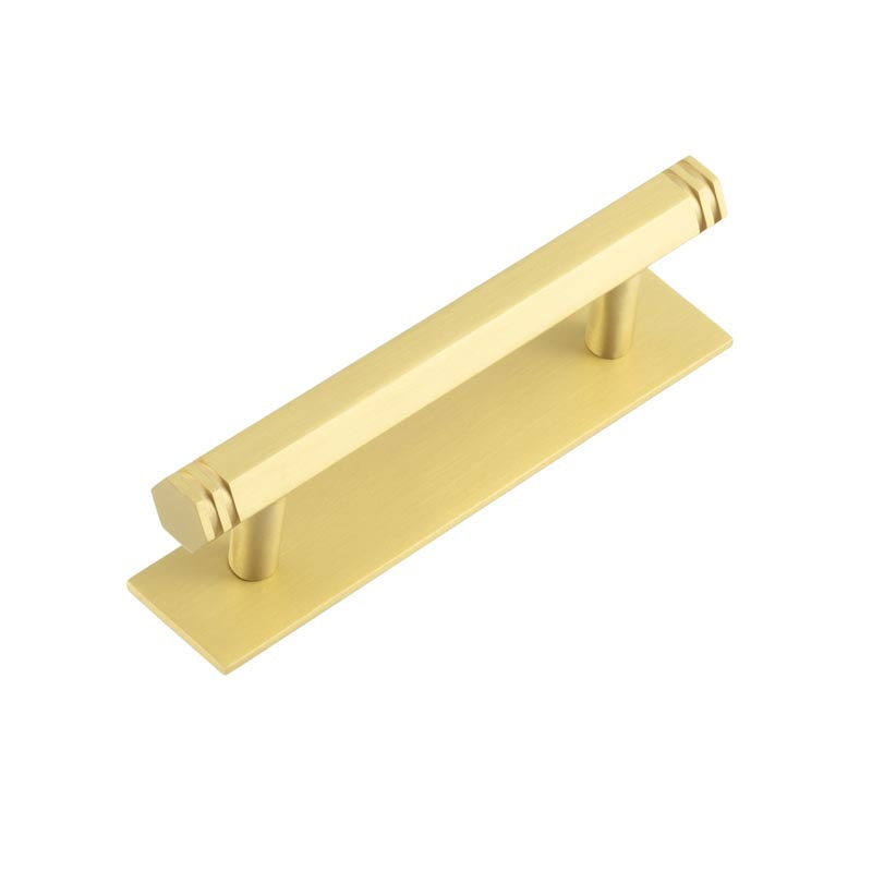 High quality image of Hoxton - Nile Cabinet Handles 96mm Ctrs Plain Backplate Satin Brass Sku. HOX-350SB-5050SB