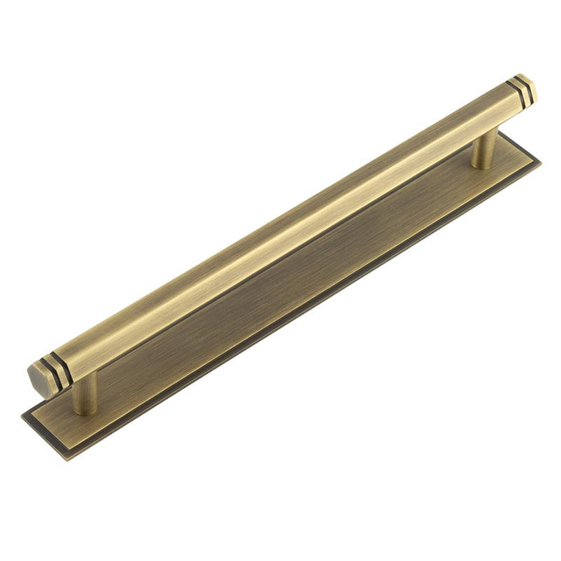 High quality image of Hoxton - Nile Cabinet Handles 224mm Ctrs Stepped Backplate Antique Brass Sku. HOX-360AB-6060AB