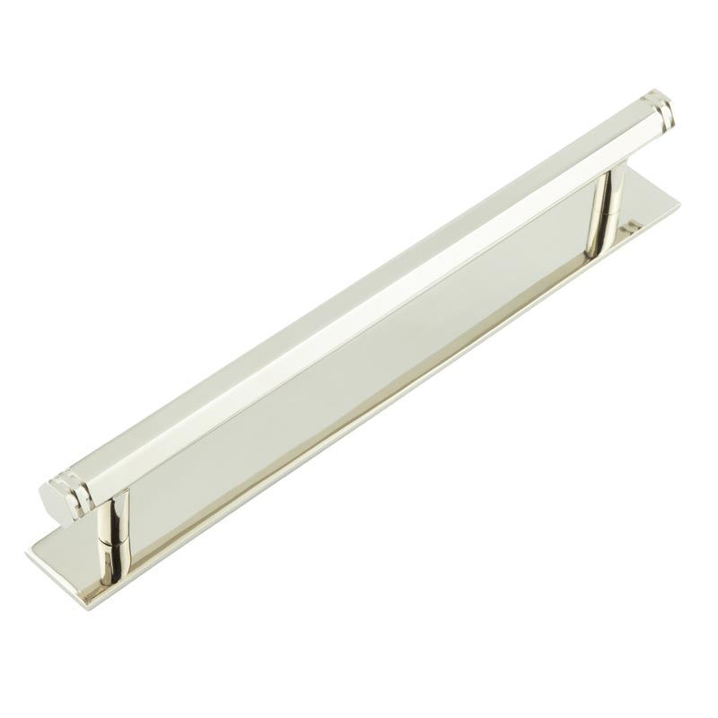 High quality image of Hoxton - Nile Cabinet Handles 224mm Ctrs Plain Backplate Polished Nickel Sku. HOX-360PN-5060PN