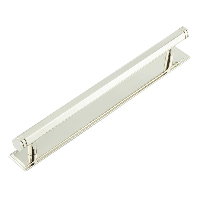 High quality image of Hoxton - Nile Cabinet Handles 224mm Ctrs Stepped Backplate Polished Nickel Sku. HOX-360PN-6060PN