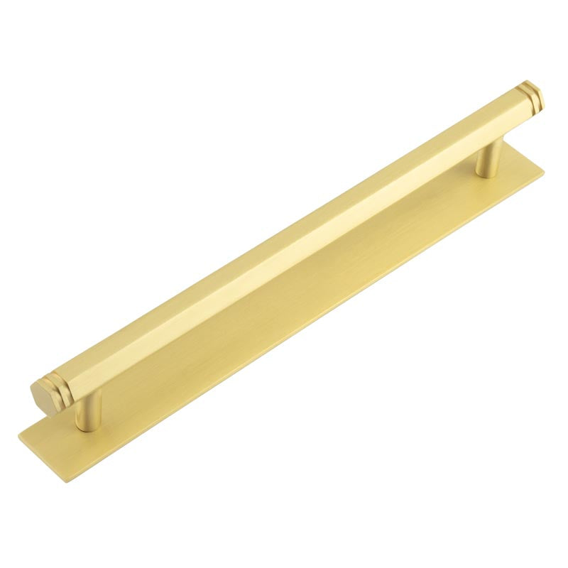 High quality image of Hoxton - Nile Cabinet Handles 224mm Ctrs Plain Backplate Satin Brass Sku. HOX-360SB-5060SB