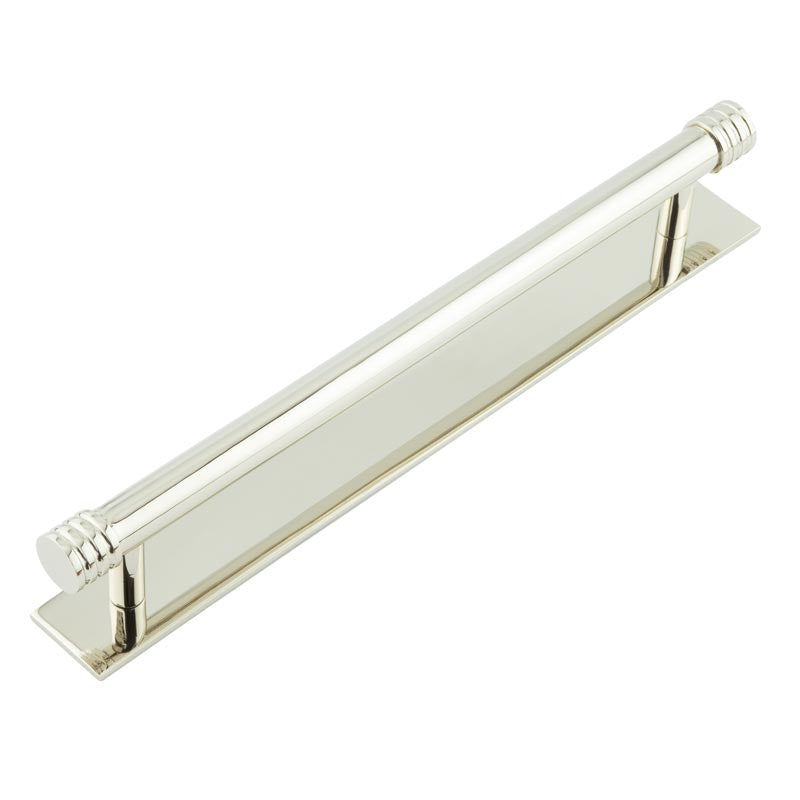 High quality image of Hoxton - Sturt Cabinet Handles 224mm Ctrs Plain Backplate Polished Nickel Sku. HOX-460PN-5060PN