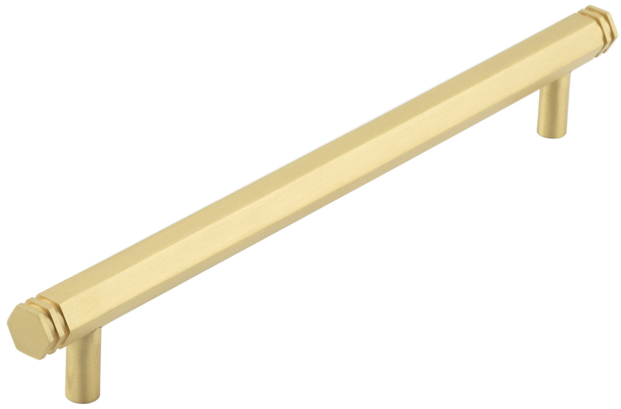 Frelan Hardware Cabinet Hardware Satin Brass / Cabinet Pull Handles / 224mm c/c Hoxton - Nile SB 224mm Hex Cabinet Handle With End Step Detail