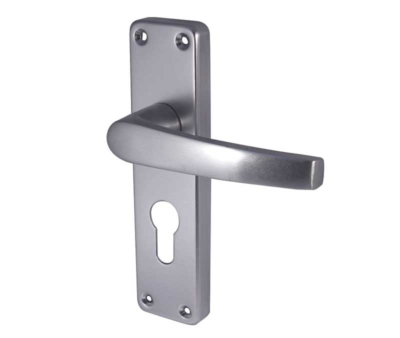 High quality image of Frelan - Contract Door Handle on Euro Profile Lockplate Satin Anodised Aluminium Sku. J5601E