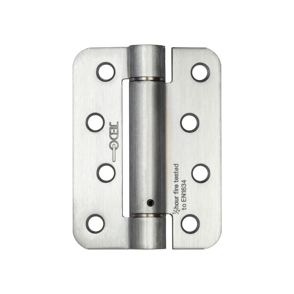 High quality image of Frelan - Jedo Steel Radiused Single Action Spring Hinges 102x76mm (PK of 3) Satin Chrome Sku. J9800RSC