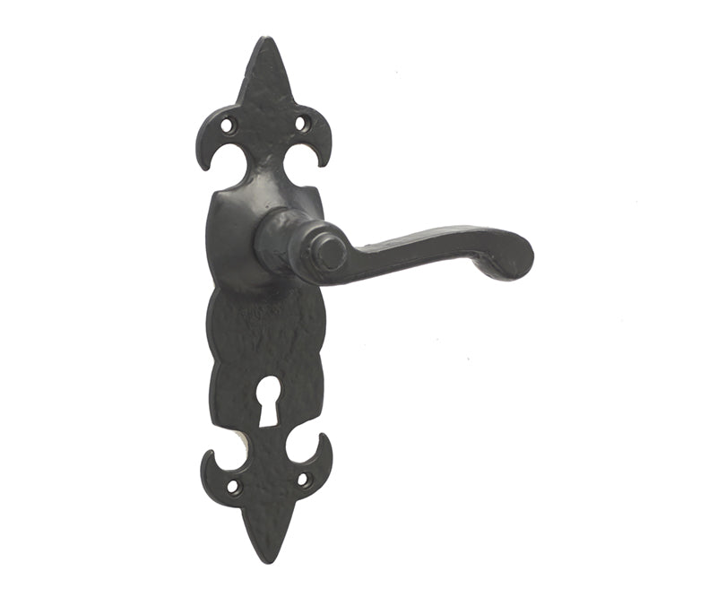 High quality image of Frelan - Fleur De Lys Suite Door Handle on lockplate Black Sku. JAB83