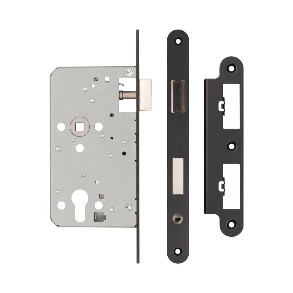 High quality image of Frelan - 72mm Black Din Euro Escape lock Radiused 60mm Backset Sku. JL-DE60RMB