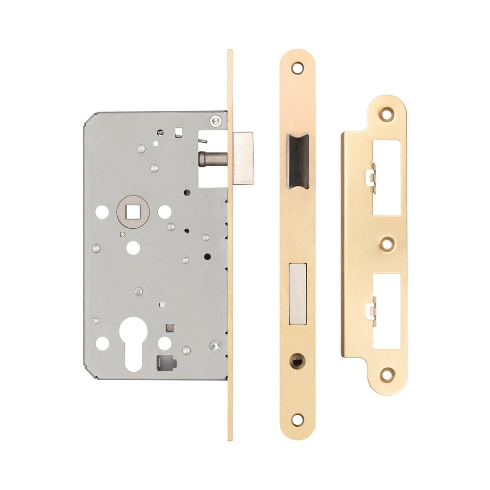 High quality image of Frelan - 72mm Satin Brass Din Euro Escape lock Radiused 60mm Backset Sku. JL-DE60RSB