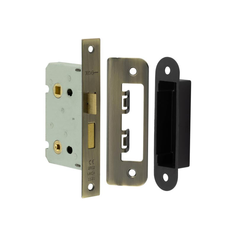 High quality image of Frelan - Jedo Kontrax Bathroom locks with Square Forend & Radiused Strike Plate 65mm Antique Brass Sku. JL450AB