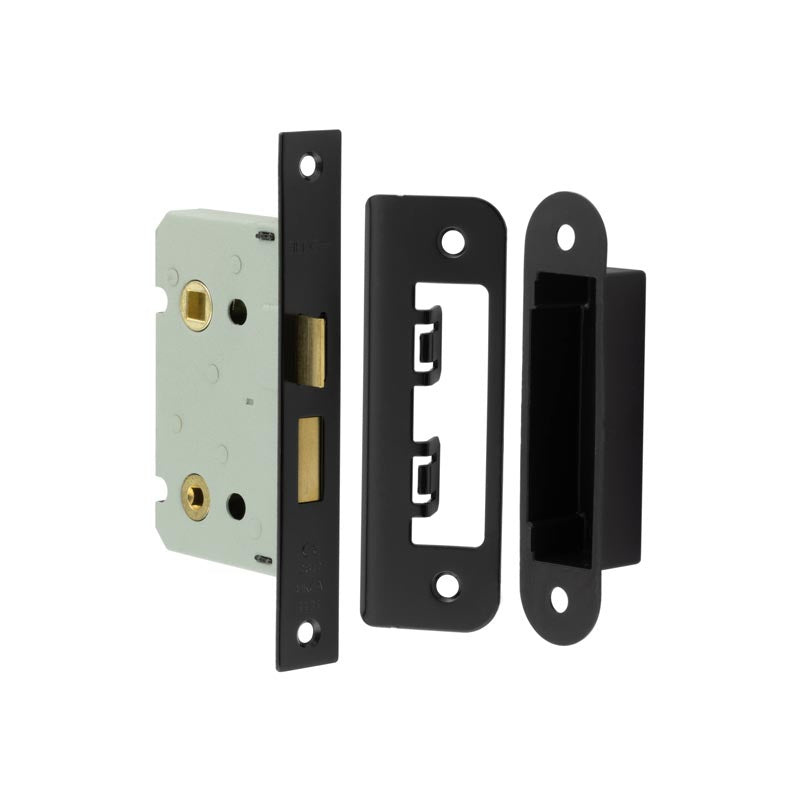 High quality image of Frelan - Jedo Kontrax Bathroom locks with Square Forend & Radiused Strike Plate 65mm Black Sku. JL450BL