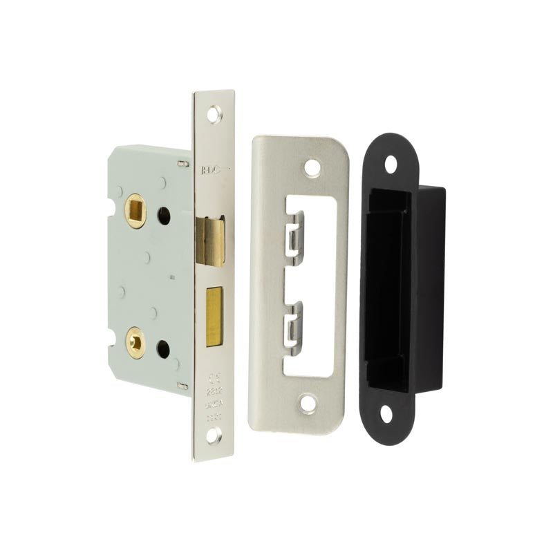 High quality image of Frelan - Jedo Kontrax Bathroom locks with Square Forend & Radiused Strike Plate 65mm Nickel Plate Sku. JL450NP
