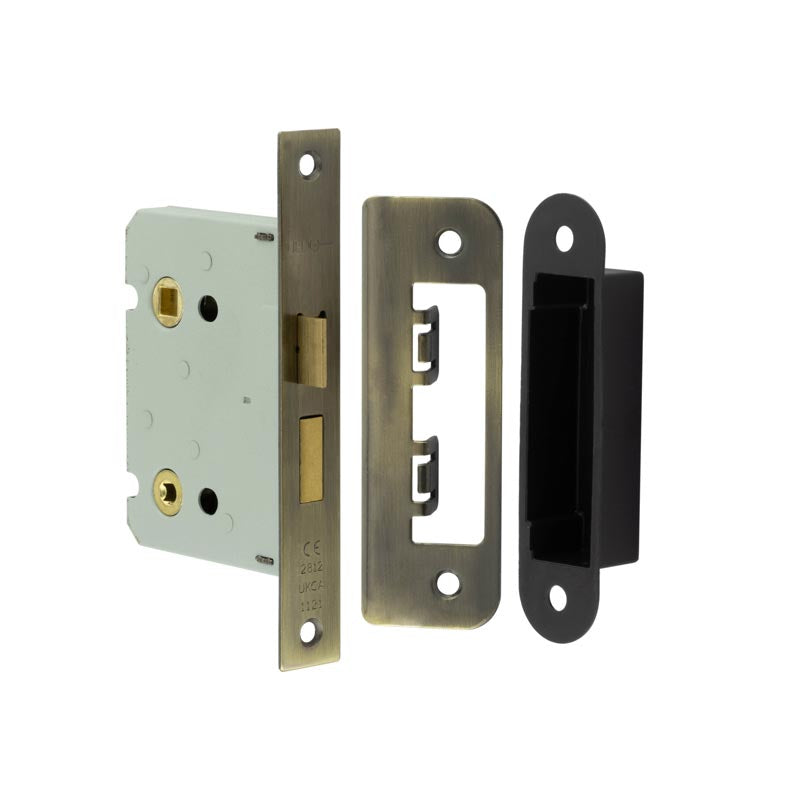 High quality image of Frelan - Jedo Kontrax Bathroom locks with Square Forend & Radiused Strike Plate 76mm Antique Brass Sku. JL460AB