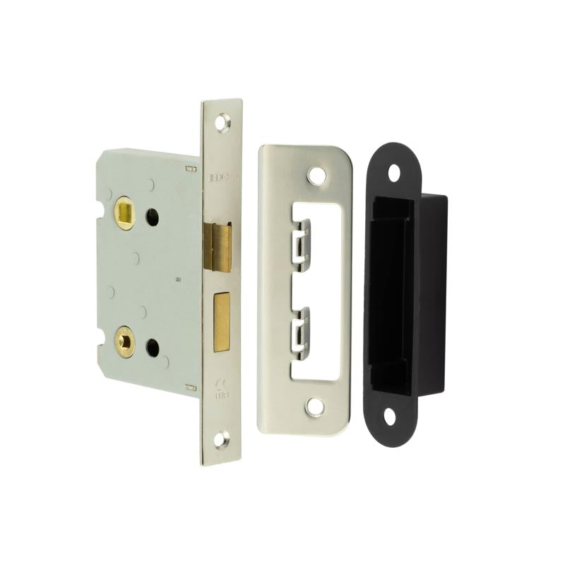 High quality image of Frelan - Jedo Kontrax Bathroom locks with Square Forend & Radiused Strike Plate 76mm Nickel Plate Sku. JL460NP