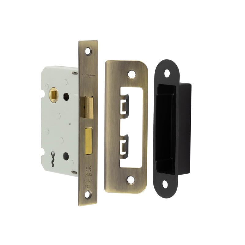 High quality image of Frelan - Jedo Kontrax 2 Lever Sashlocks with Square Forend & Radiused Strike Plate 65mm Antique Brass Sku. JL470AB