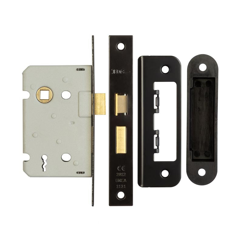 High quality image of Frelan - Jedo Kontrax 2 Lever Sashlocks with Square Forend & Radiused Strike Plate 65mm Black Sku. JL470BL