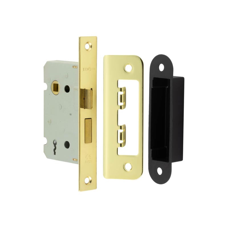 High quality image of Frelan - Jedo Kontrax 2 Lever Sashlocks with Square Forend & Radiused Strike Plate 65mm Electro Brassed Sku. JL470EB