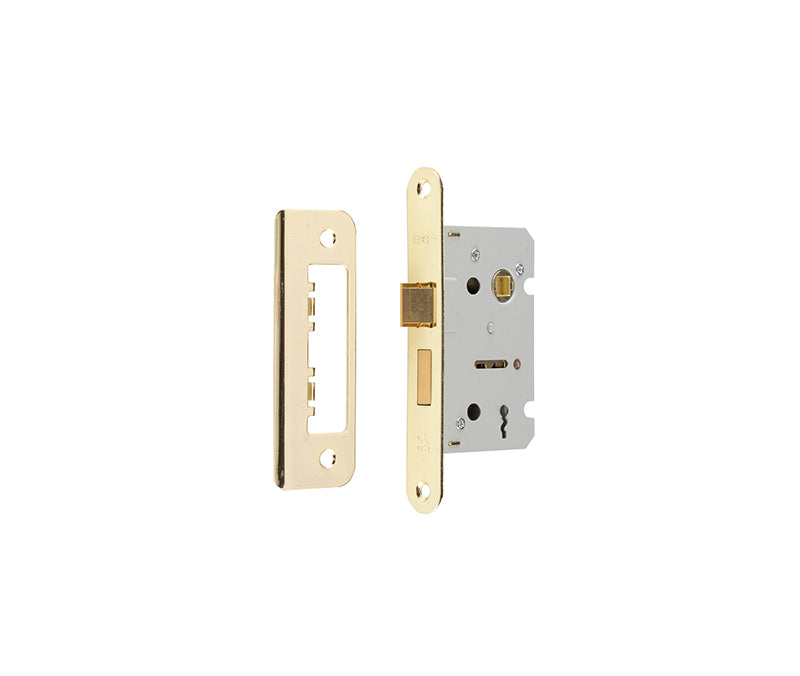 High quality image of Frelan - Jedo Kontrax 2 Lever Sashlocks with Radiused Forend & Strike Plate 65mm Electro Brassed Sku. JL470REB