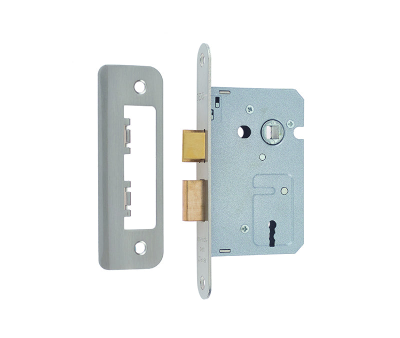 High quality image of Frelan - Jedo Kontrax 2 Lever Sashlocks with Radiused Forend & Strike Plate 65mm Satin Nickel Sku. JL470RSN