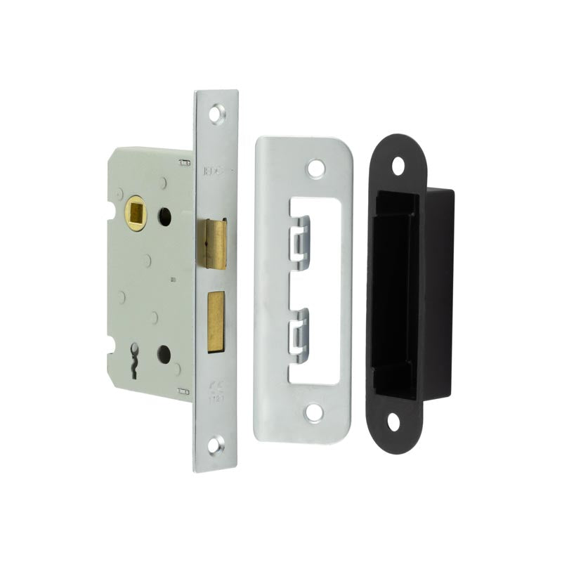 High quality image of Frelan - Jedo Kontrax 2 Lever Sashlocks with Square Forend & Radiused Strike Plate 65mm Satin Nickel Sku. JL470SN