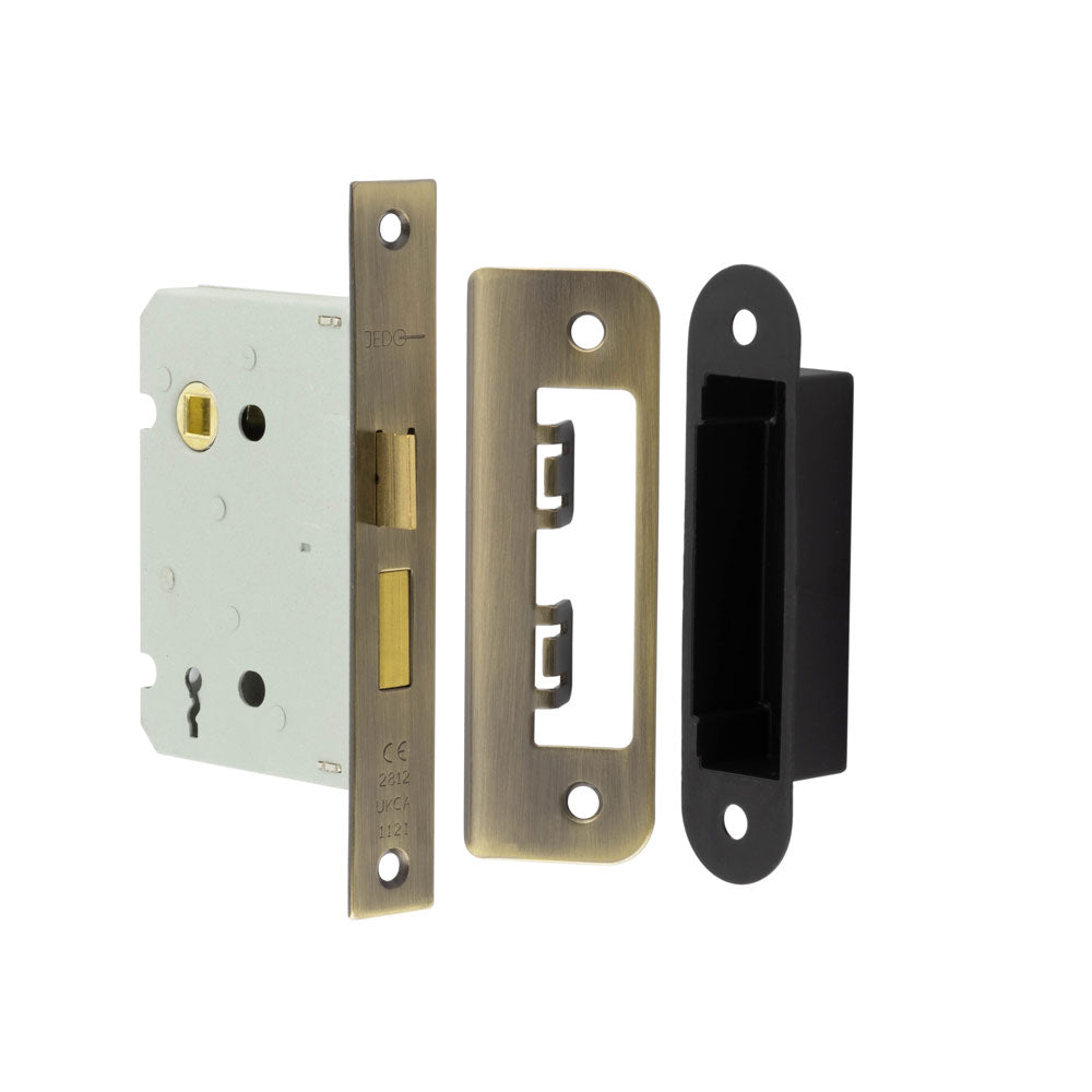 High quality image of Frelan - Jedo Kontrax 2 Lever Sashlocks with Square Forend & Radiused Strike Plate 76mm Antique Brass Sku. JL480AB