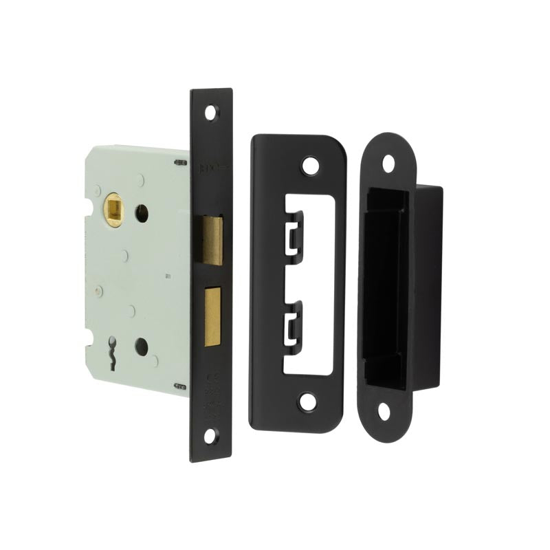 High quality image of Frelan - Jedo Kontrax 2 Lever Sashlocks with Square Forend & Radiused Strike Plate 76mm Black Sku. JL480BL