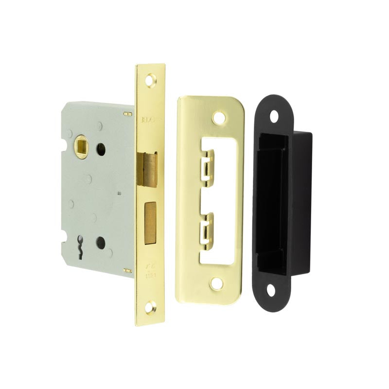 High quality image of Frelan - Jedo Kontrax 2 Lever Sashlocks with Square Forend & Radiused Strike Plate 76mm Electro Brassed Sku. JL480EB