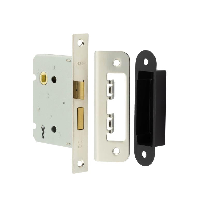 High quality image of Frelan - Jedo Kontrax 2 Lever Sashlocks with Square Forend & Radiused Strike Plate 76mm Nickel Plate Sku. JL480NP