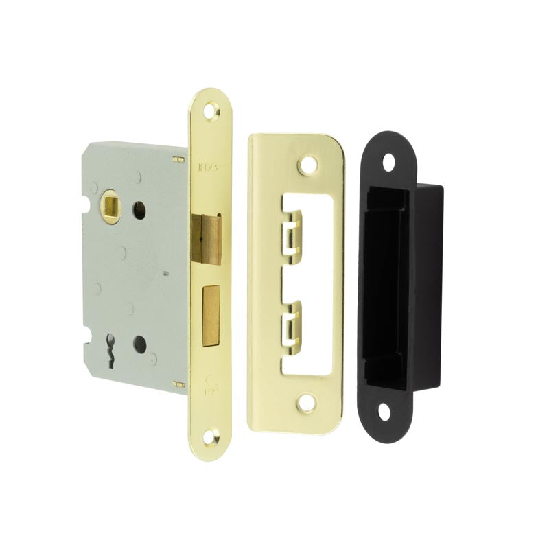 High quality image of Frelan - Jedo Kontrax 2 Lever Sashlocks with Radiused Forend & Strike Plate 76mm Electro Brassed Sku. JL480REB
