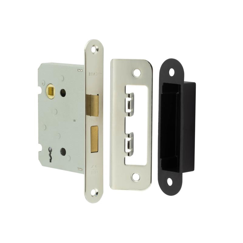 High quality image of Frelan - Jedo Kontrax 2 Lever Sashlocks with Radiused Forend & Strike Plate 76mm Nickel Plate Sku. JL480RNP