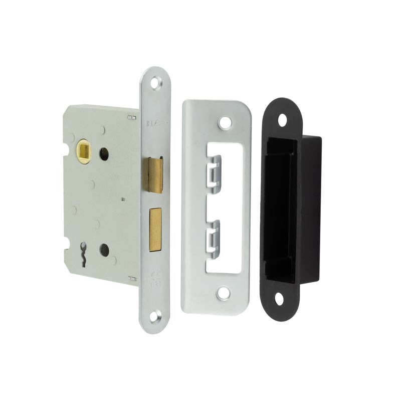 High quality image of Frelan - Jedo Kontrax 2 Lever Sashlocks with Radiused Forend & Strike Plate 76mm Satin Nickel Sku. JL480RSN