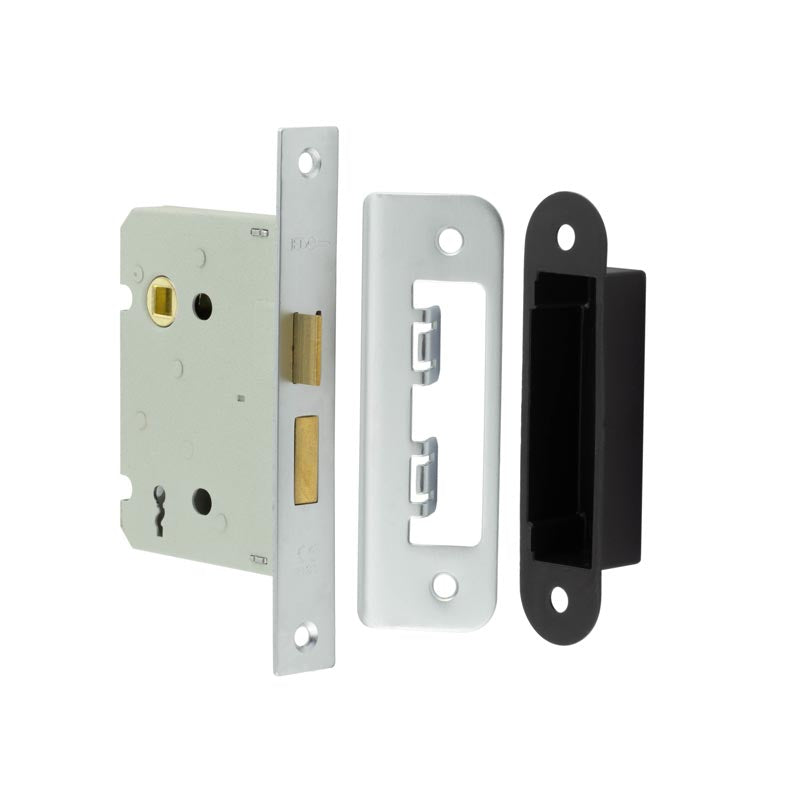 High quality image of Frelan - Jedo Kontrax 2 Lever Sashlocks with Square Forend & Radiused Strike Plate 76mm Satin Nickel Sku. JL480SN