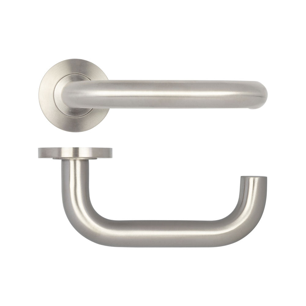High quality image of Frelan - Orbit 19mm Lever on Sprung Round Rose - Grade 304 Satin Stainless Steel | Sku. fh-jss13 | Trade Door Handles.