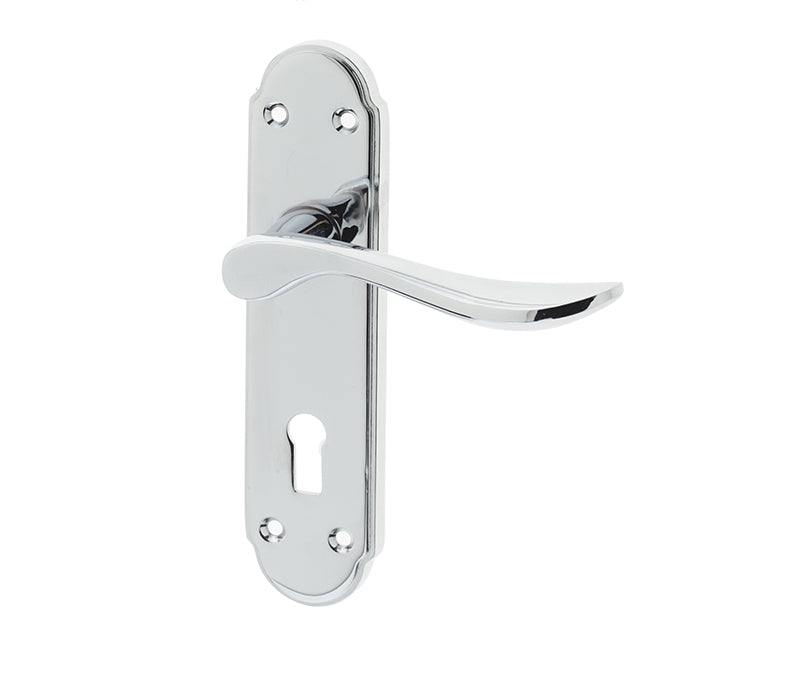High quality image of Frelan - Henley Suite Door Handle on Lockplate Polished Chrome Sku. JV190PC