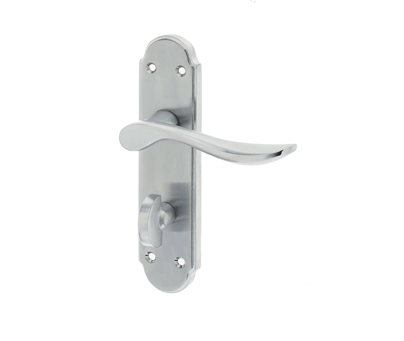 High quality image of Frelan - Henley Suite Door Handle on Bathroom Plate Satin Chrome Sku. JV193SC